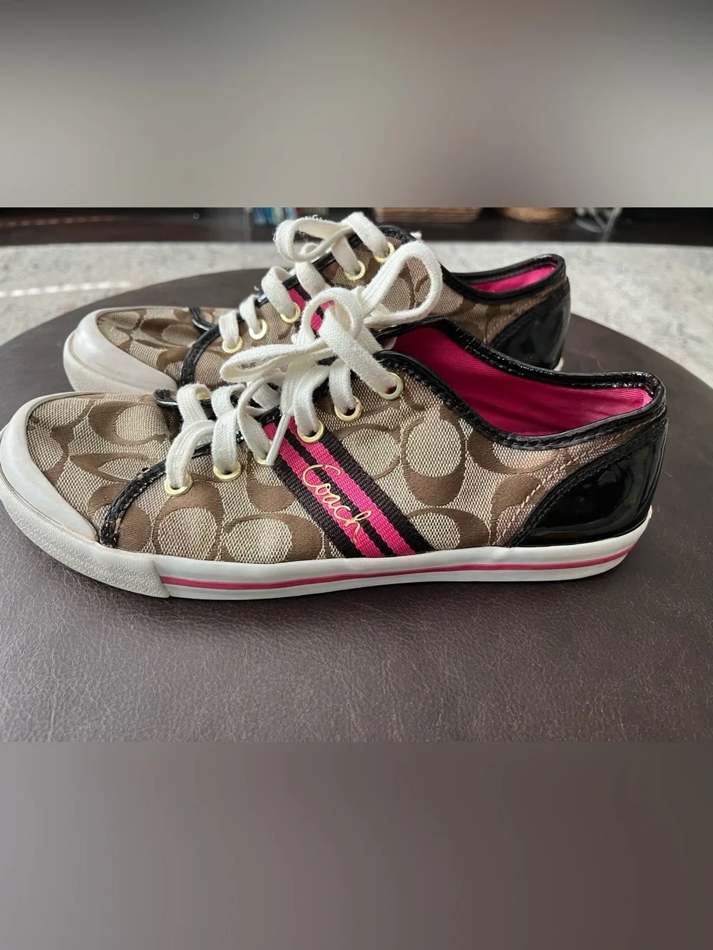 Coach Signature Low-Top Sneakers in Brown, White & Pink